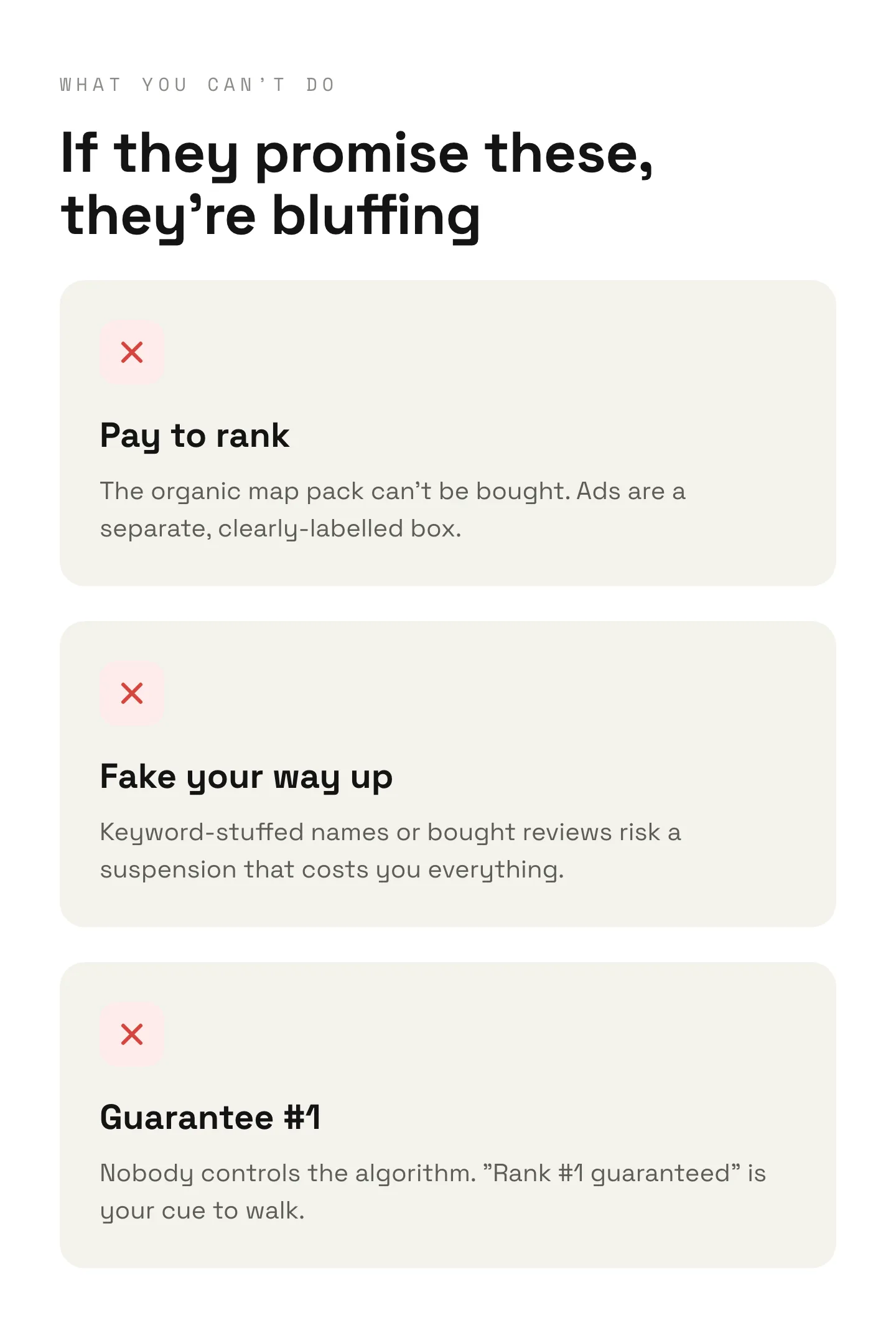 Three agency red flags: paying to rank the map pack, bought reviews, guaranteed number one