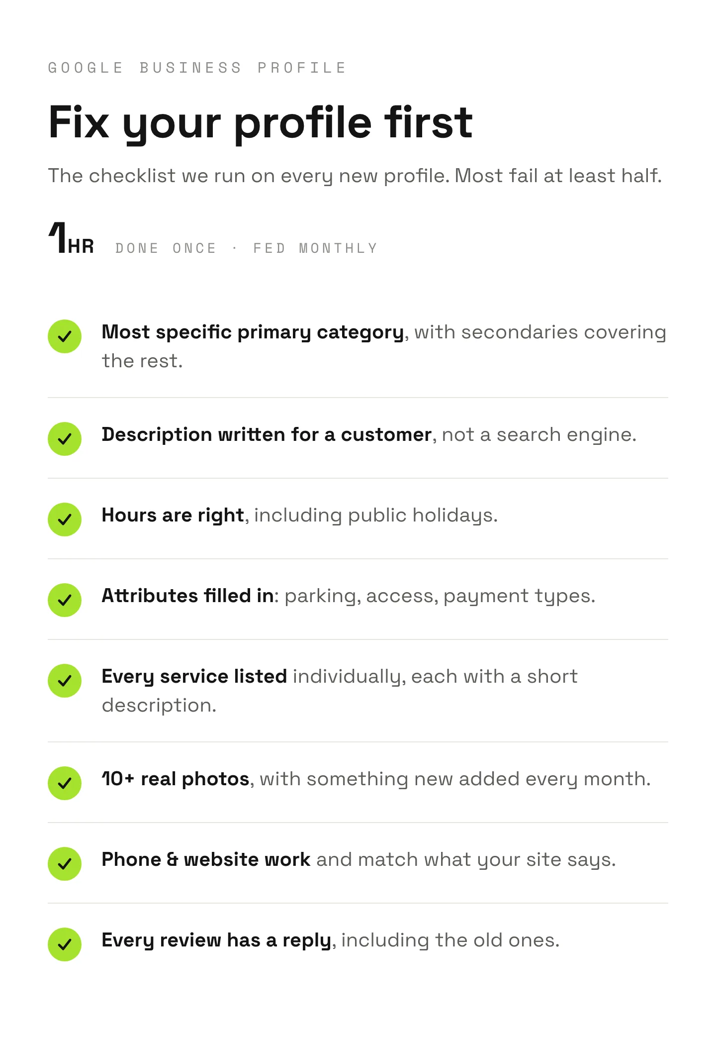 Google Business Profile checklist: categories, services, photos, hours, attributes, replies