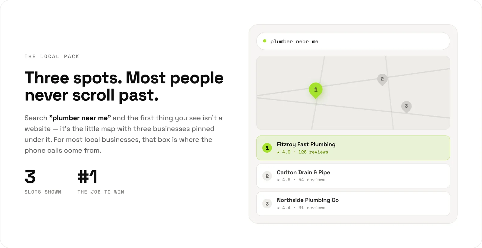 Google local pack for a plumber near me search with the first listing highlighted